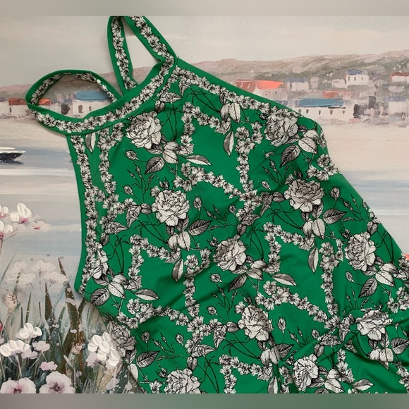 Max Studio Green Floral Halter Flowy Silky Slip Dress Dainty Feminine Shift - Picture 2 of 13